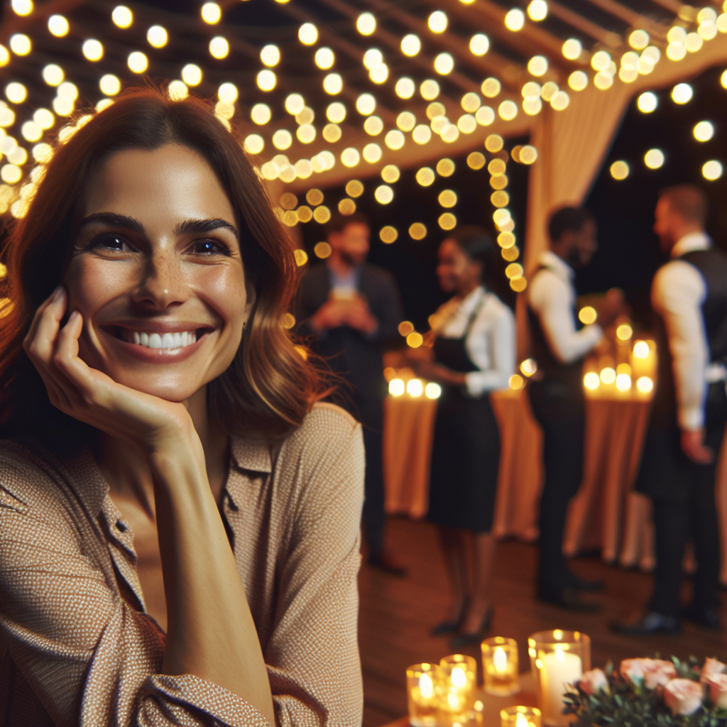 Happy event client enjoying professional party light rental setup