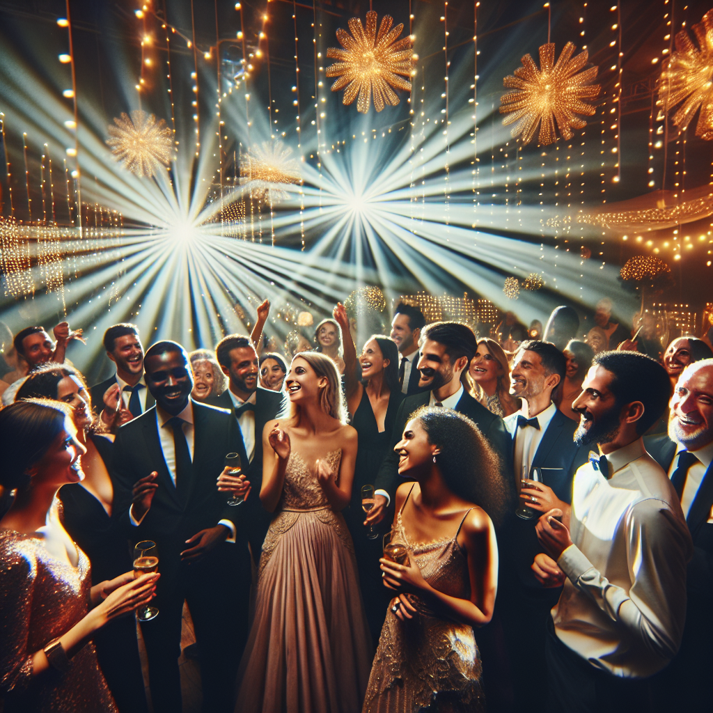 Happy event client enjoying professional event lighting setup